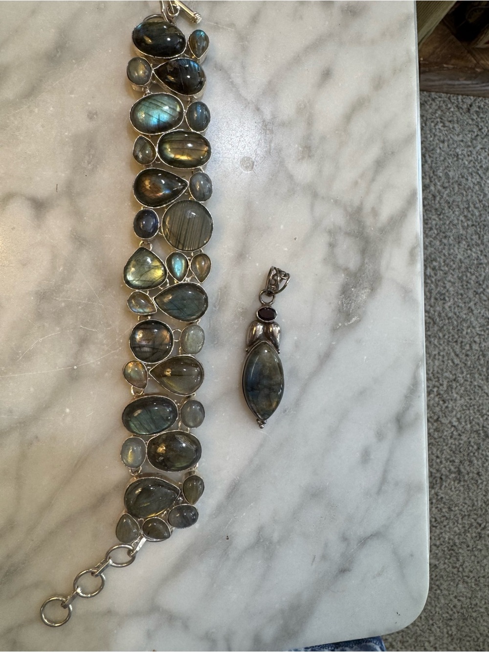 Sterling Silver Labradorite Bracelet & pendant w garnet & green diopside pendant - Picture 7 of 15